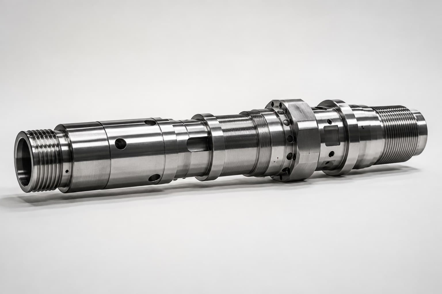 Precision-machined threaded mandrel with multiple diameters and ports, produced by Machine Tech Services