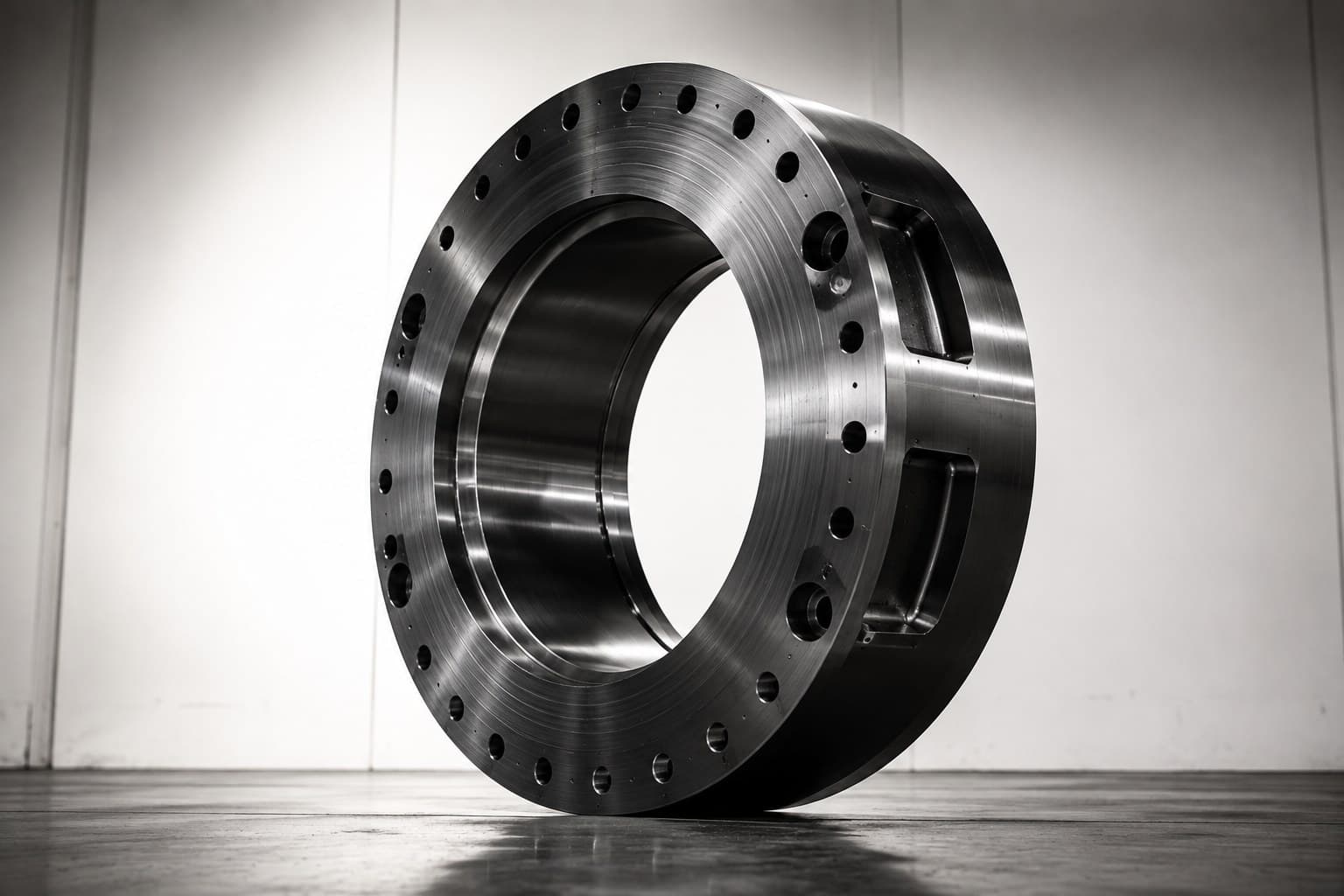 Large-diameter machined steel flange housing with bolt circle, photographed as a finished component