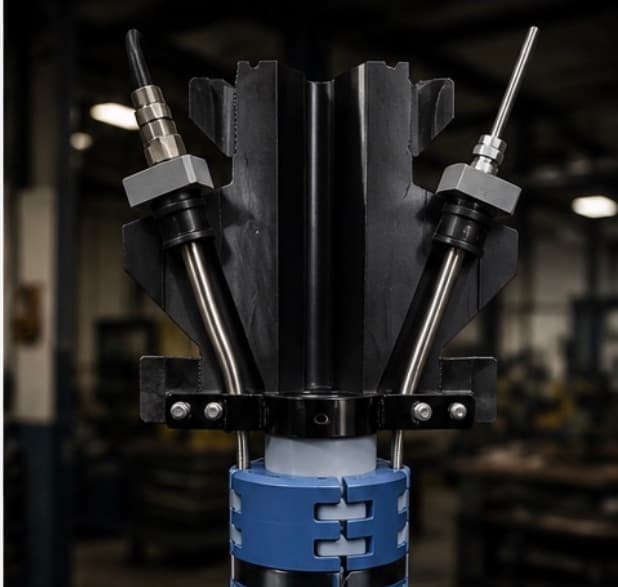 Containment pass-through system on the wellhead assembly — the head carrying cable and capillary lines through the seal without splicing
