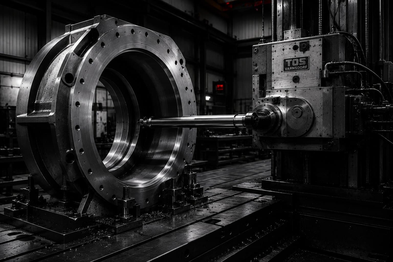 Large flanged housing set up on a horizontal boring mill at Machine Tech Services
