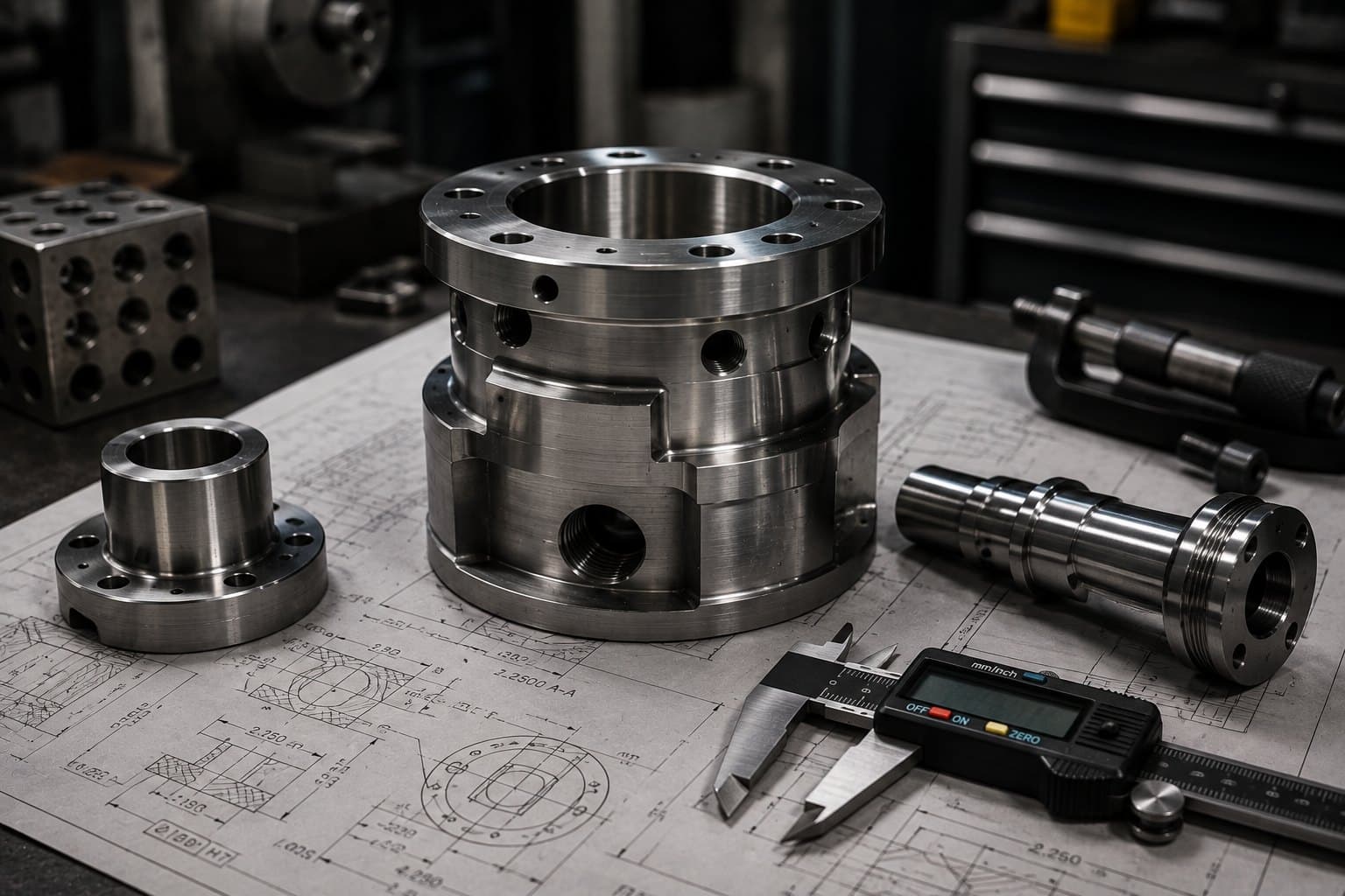 Machined components on an engineering drawing with calipers and a micrometer during dimensional inspection