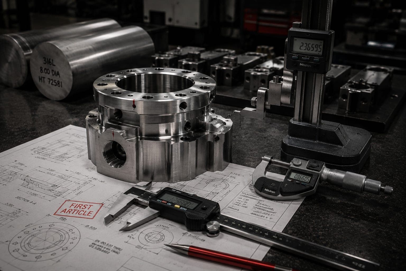 First-article inspection at Machine Tech Services — a machined 316L component on its drawing with calipers, micrometer and height gauge