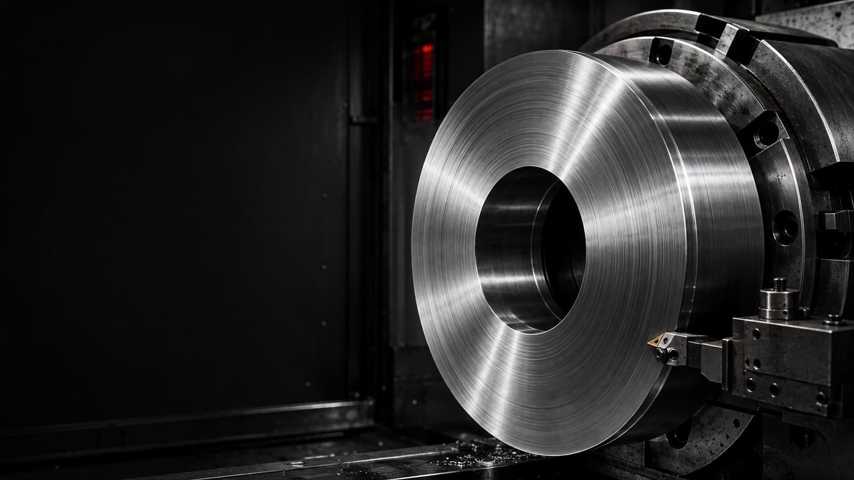 Large-diameter steel component being turned in a CNC lathe at Machine Tech Services in Broussard, Louisiana