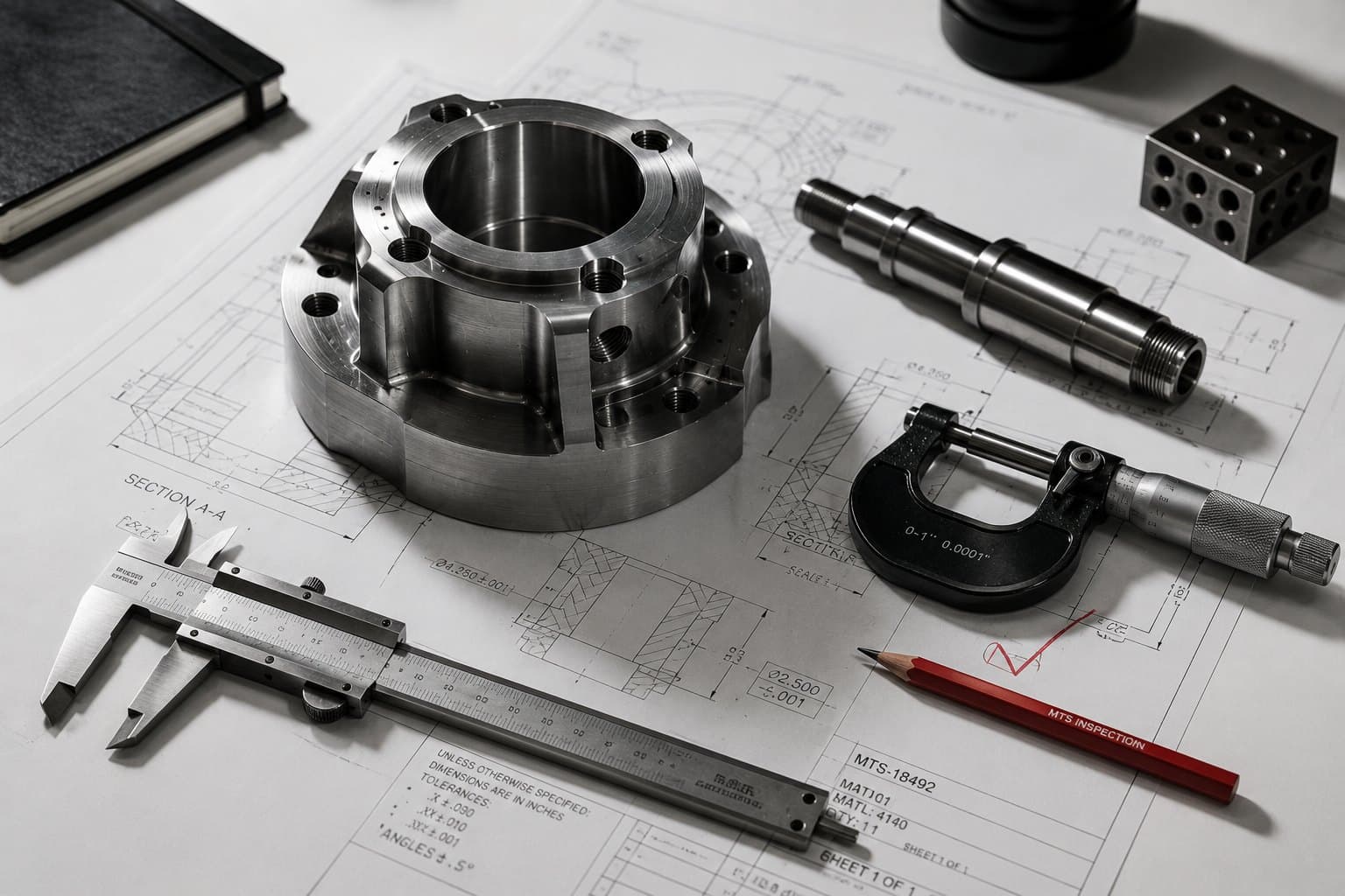 Dimensional inspection of a machined component with precision measuring equipment