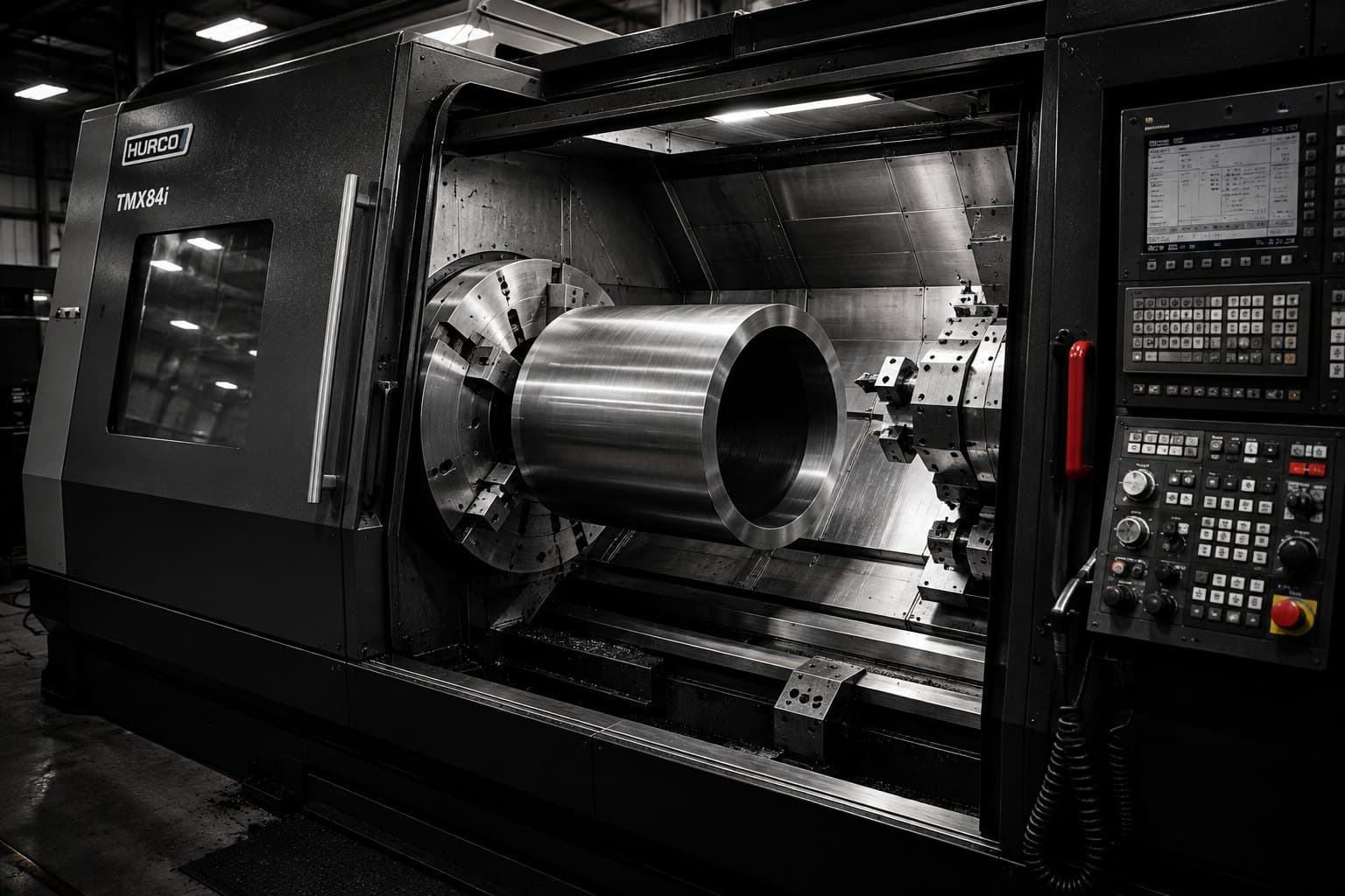 CNC turning center machining a large cylindrical steel part in the Machine Tech Services shop