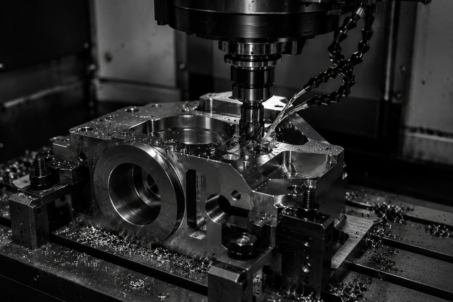 End mill cutting a steel manifold block under flood coolant on a CNC machining center