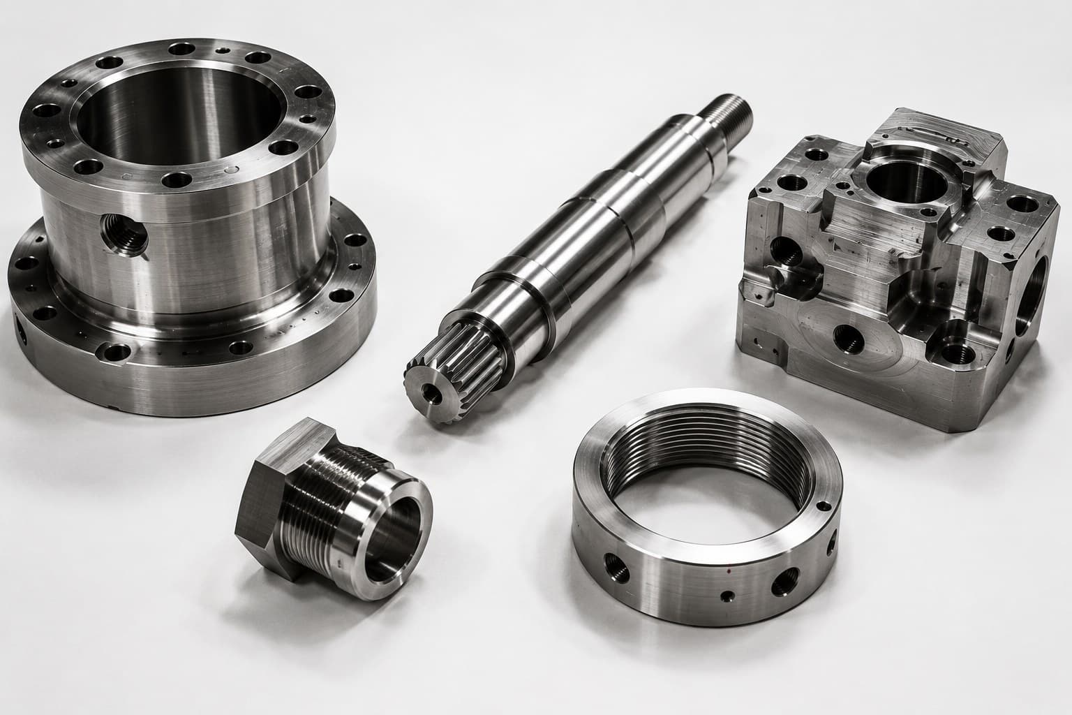Group of precision-machined oilfield components including a flanged housing, splined shaft, manifold block and threaded ring