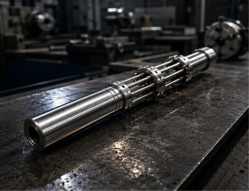MTS Magnet Tool assembled on the bench at Machine Tech Services — a caged magnet section between machined subs, built for downhole debris recovery